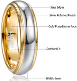 High Quality Domed Polished Step Gold Color Plating 6mm Width Tungsten Steel Ring, Wedding Band Comfort Fit Ring