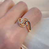 Modern Luxury Rolled 14K Rose Gold Black AAA Zircon Crystals Elegant Winding Lady's Easy Match Rings For Women
