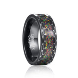 Impressive Black Edge Black Carbon Batch Flower Brushed Inlaid Opal Men's Tungsten Carbide Ring, Wedding Jewelry