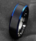 High Quality 6MM Blue Beveled Edges Black Matte Brushed Finish Tungsten Carbide Ring - Comfort Fit Size 7 to 12