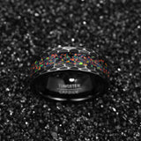 Impressive Black Edge Black Carbon Batch Flower Brushed Inlaid Opal Men's Tungsten Carbide Ring, Wedding Jewelry