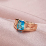 Glossy 14K Filled Rose Gold Simple Square Blue AAA Cubic Zirconia Crystal Unisex Ring - High Quality Fine Jewelry