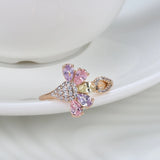 Charm Filled 14K Rose Gold Colorful Zircon Crystals Micro Inlay Gold Bee Ring for Women - Engagement Fine Jewelry