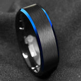 High Quality 6MM Blue Beveled Edges Black Matte Brushed Finish Tungsten Carbide Ring - Comfort Fit Size 7 to 12