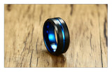 Superb Matte Finished Blue Carbon Fiber Groove Black Tungsten Carbide Wedding Bands For Men, Women -  Rings Jewelry