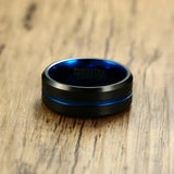 Superb Matte Finished Blue Carbon Fiber Groove Black Tungsten Carbide Wedding Bands For Men, Women -  Rings Jewelry