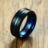Superb Matte Finished Blue Carbon Fiber Groove Black Tungsten Carbide Wedding Bands For Men, Women -  Rings Jewelry