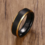 Superb Black Matte Finished 6mm Gold Color Line Tungsten Carbide Wedding Bands -Mens Engagement Jewelry