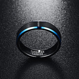 High Quality 6MM Blue Beveled Edges Black Matte Brushed Finish Tungsten Carbide Ring - Comfort Fit Size 7 to 12