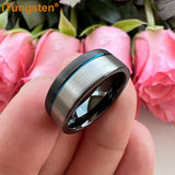 Offset Groove And Brushed Finish 8mm Black Blue Tungsten Carbide Comfort Fit Wedding Band Ring For Men Women