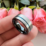 Offset Groove And Brushed Finish 8mm Black Blue Tungsten Carbide Comfort Fit Wedding Band Ring For Men Women