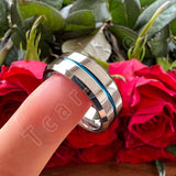 Beveled Polished Brushed Finish 8MM Two Tone Blue Groove Tungsten Carbide Comfort Fit Ring Men Women