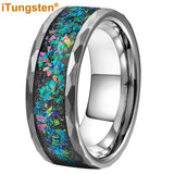 Super 8mm Multi Facet Hammer With Galaxy Series Opal Inlay Comfort Fit Men Women Tungsten Wedding Band
