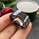 Super Blue Opal Whisky Barrel Wood Inlay 8mm Black Tungsten Comfort Fit Rings for Men, Women Fashion Wedding Bands
