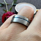 Astounding Offset Grooved Brushed Black Blue 8MM Comfort Fit Tungsten Carbide Wedding Band Men and Women Rings