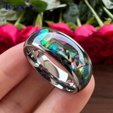 Domed Polished 8MM Cool Abalone Shell Ring Black Men Women Tungsten Wedding Comfort Fit Bands, Perfect Gift Jewelry