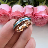 Fashion 8MM Crushed Turquoise And Koa Wood Inlay Domed Men Women Black Tungsten Carbide Wedding Comfort Fit Ring
