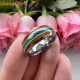 Gorgeous Whisky Wood Guitar String Inlay 8mm Tungsten Blue Opal Fashion Engagement Wedding Band for Men Women