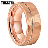 Gold Hammered Offset Line 8MM Tungsten Carbide Comfort Fit Ring for Men Women - Fashion Engagement Wedding Band