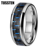 Black Blue Carbon Fiber Inlay Shiny Bevel Edges 6/8MM Men and Women Tungsten Comfort Fit Wedding Band