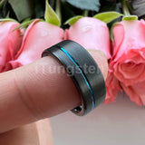 Offset Groove And Brushed Finish 8mm Black Blue Tungsten Carbide Comfort Fit Wedding Band Ring For Men Women