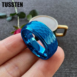 Super Blue White Stepped Edges Hammered Finish 6/8MM Men Women Tungsten Comfort Fit Engagement Rings Trendy Jewelry