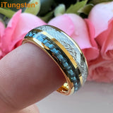 Blue Carbon Fiber And Meteorite Inlay 8mm Men Women Wedding Band Tungsten Carbide Comfort Fit Ring