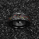 Impressive Black Edge Black Carbon Batch Flower Brushed Inlaid Opal Men's Tungsten Carbide Ring, Wedding Jewelry
