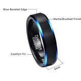 High Quality 6MM Blue Beveled Edges Black Matte Brushed Finish Tungsten Carbide Ring - Comfort Fit Size 7 to 12