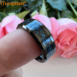Awesome Blue Carbon Fiber Inlay Dragon 8mm Beveled Edges Ring for Men and Women Tungsten Comfort Fit Wedding Band