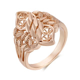 New Unique Pattern Rhombus Filled 14K Rose Gold Ring For Women -  Retro Style Hollow Flower Design Ethnic Jewelry