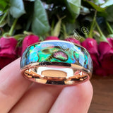 Domed Polished 8MM Cool Abalone Shell Ring Black Men Women Tungsten Wedding Comfort Fit Bands, Perfect Gift Jewelry