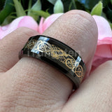 Awesome Blue Carbon Fiber Inlay Dragon 8mm Beveled Edges Ring for Men and Women Tungsten Comfort Fit Wedding Band