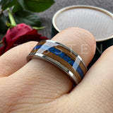 Super Blue Opal Whisky Barrel Wood Inlay 8mm Black Tungsten Comfort Fit Rings for Men, Women Fashion Wedding Bands