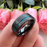 Offset Groove And Brushed Finish 8mm Black Blue Tungsten Carbide Comfort Fit Wedding Band Ring For Men Women