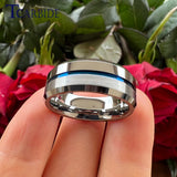 Beveled Polished Brushed Finish 8MM Two Tone Blue Groove Tungsten Carbide Comfort Fit Ring Men Women