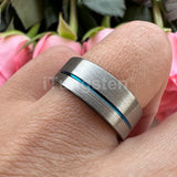 Offset Groove And Brushed Finish 8mm Black Blue Tungsten Carbide Comfort Fit Wedding Band Ring For Men Women