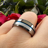 Beveled Polished Brushed Finish 8MM Two Tone Blue Groove Tungsten Carbide Comfort Fit Ring Men Women