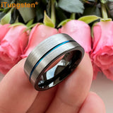 Offset Groove And Brushed Finish 8mm Black Blue Tungsten Carbide Comfort Fit Wedding Band Ring For Men Women