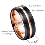 Black Electroplated+ Rose Gold Matte Surface with Grooved Angle 8MM Wide Men's Ring Tungsten Carbide Rings