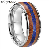 Fabulous 8mm Dome Polished Blue Lapis Whisky Oak Wood Inlay Tungsten Carbide Rings Men Women - Engagement Wedding Band