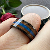 Super Blue Opal Whisky Barrel Wood Inlay 8mm Black Tungsten Comfort Fit Rings for Men, Women Fashion Wedding Bands