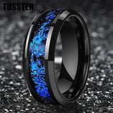 Blue Foil Inlay Beveled Polished Shiny 6/8MM Tungsten Ring for Men Women, Comfortable Fit Engagement Wedding Bands