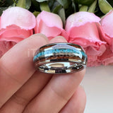 Fashion 8MM Crushed Turquoise And Koa Wood Inlay Domed Men Women Black Tungsten Carbide Wedding Comfort Fit Ring
