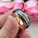 Fashion 8MM Crushed Turquoise And Koa Wood Inlay Domed Men Women Black Tungsten Carbide Wedding Comfort Fit Ring