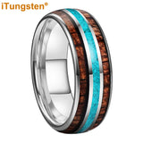 Fashion 8MM Crushed Turquoise And Koa Wood Inlay Domed Men Women Black Tungsten Carbide Wedding Comfort Fit Ring