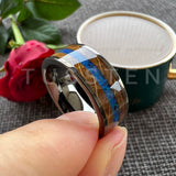 Super Blue Opal Whisky Barrel Wood Inlay 8mm Black Tungsten Comfort Fit Rings for Men, Women Fashion Wedding Bands