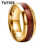 Amazing 8mm Deep Rosewood Wood Inlay Black Tungsten Domed Fashion Engagement Wedding Ring for Men and Women