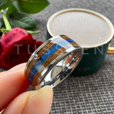 Super Blue Opal Whisky Barrel Wood Inlay 8mm Black Tungsten Comfort Fit Rings for Men, Women Fashion Wedding Bands