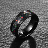 Electric Black 8mm Hammer Pattern Inlaid Black Sand Bottom Green Crushed Opal Tungsten Steel Rings for Men